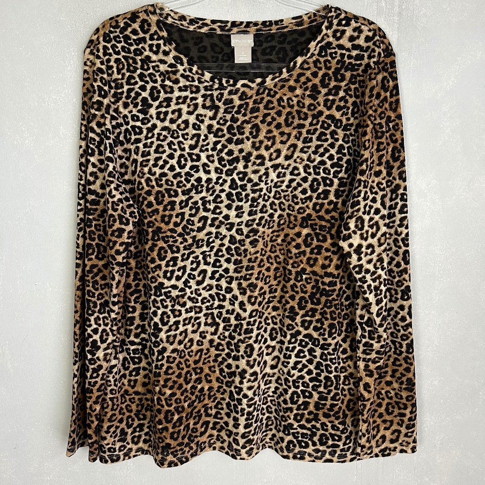 Chicos size 2 L long sleeve scoop neck top cheetah print mesh lightweight lined